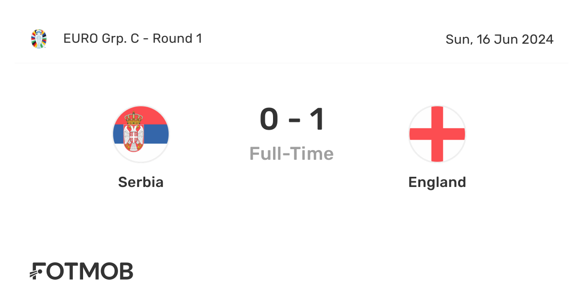  The image shows the Serbia and England flags with the date and time of the match 'England vs Serbia Euro 2024'.
