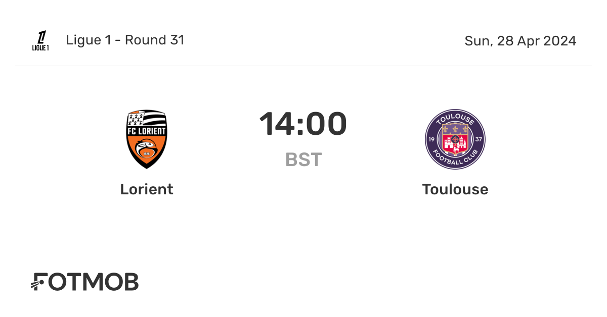 Lorient 대 Toulouse - 실시간 점수, 예상 스타팅 라인업 및 H2H 통계