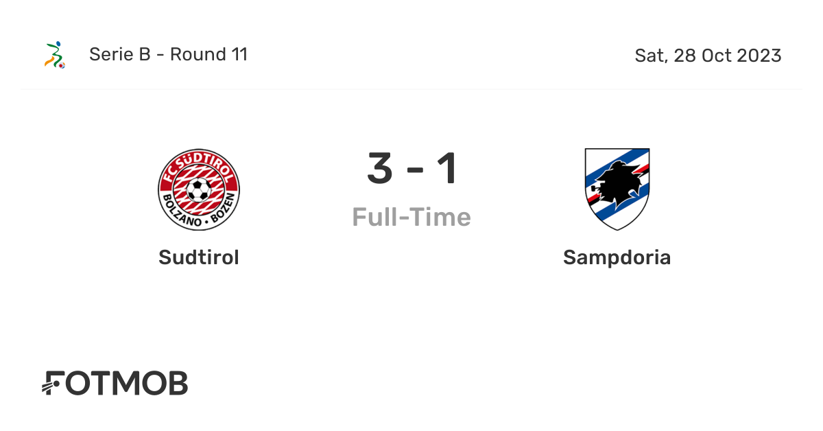 Sudtirol vs Sampdoria - live score, predicted lineups and H2H stats.